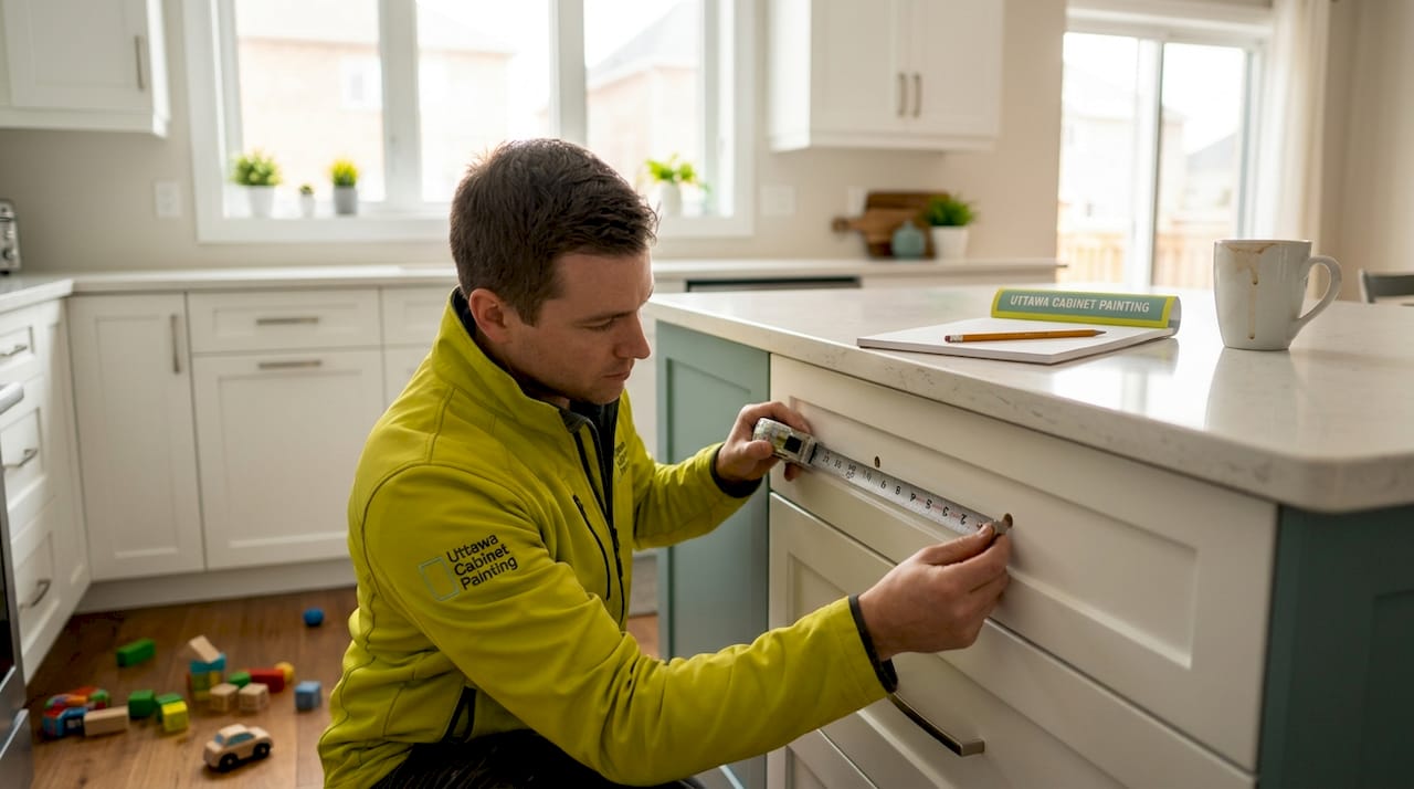 Person measures holes on white kitchen cabinet