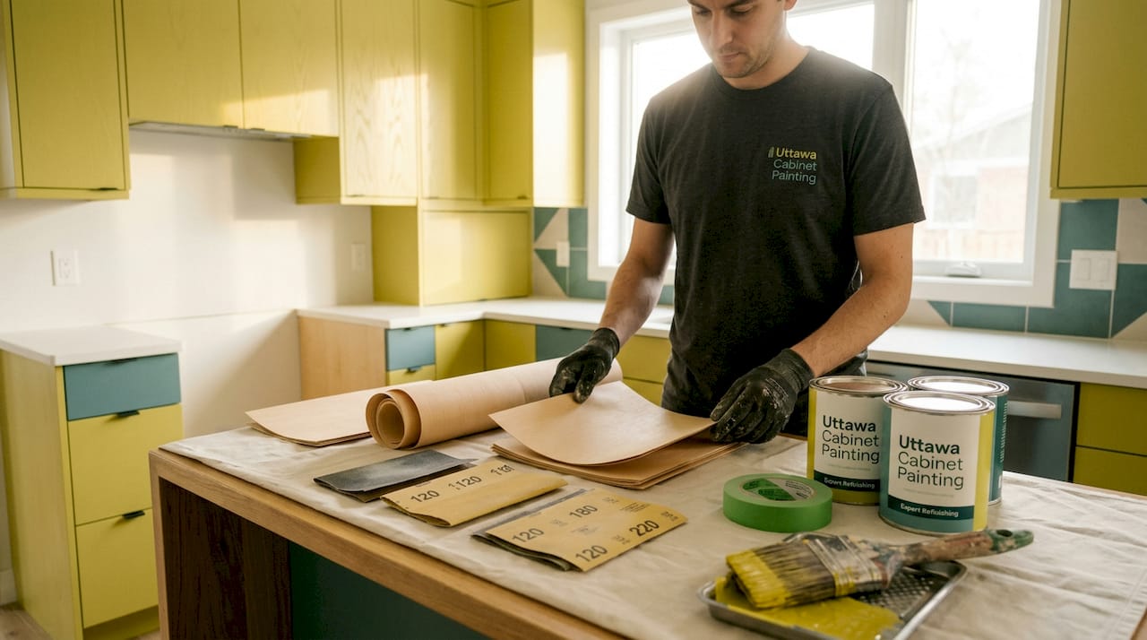 Cabinet painter's tools arranged for refacing project in kitchen
