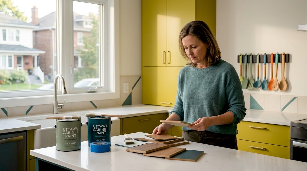 Homeowner reviewing kitchen cabinet samples in bright Ottawa kitchen