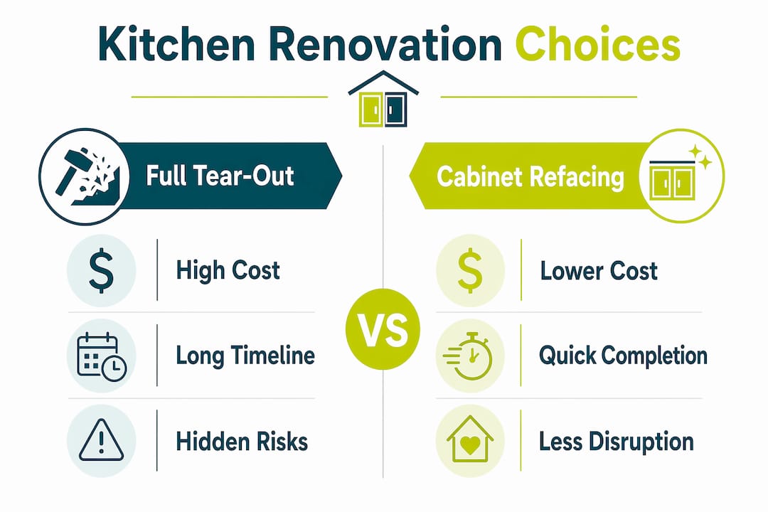 Infographic comparing full tear-out and cabinet refacing pros and cons