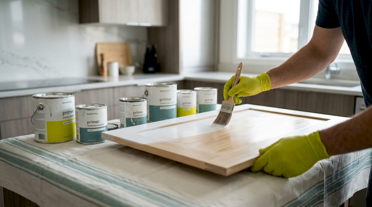 Hands applying primer on cabinet door panel
