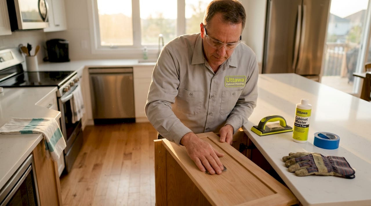 Professional inspecting sanded kitchen cabinet surface