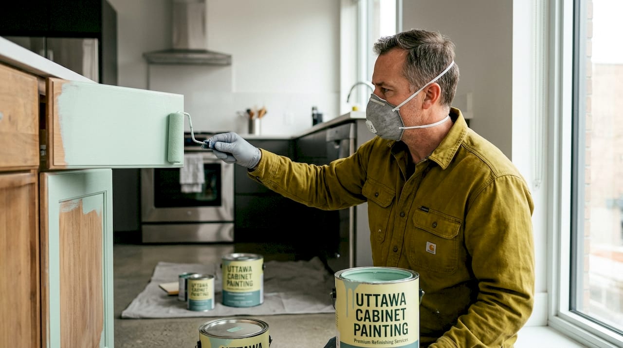 Painter applying paint on kitchen cabinet door
