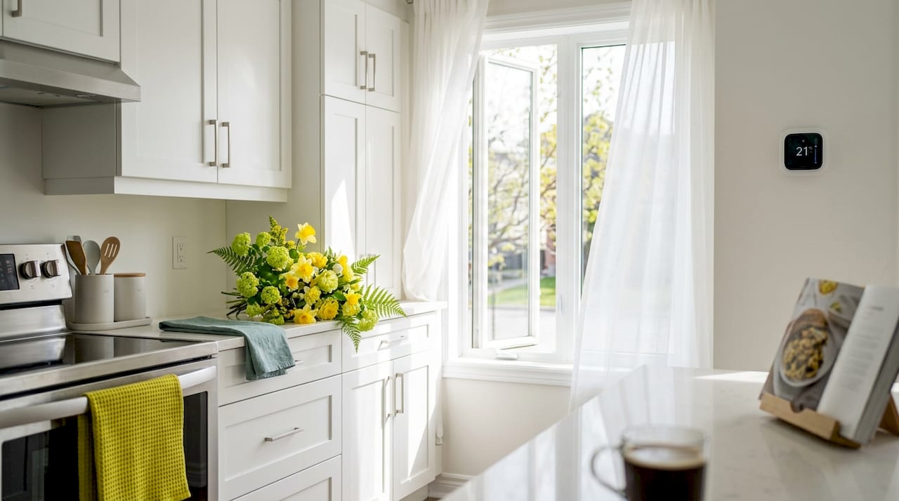 Freshly painted kitchen cabinets with spring ventilation