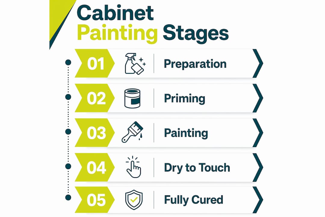 Infographic illustrating cabinet painting stages and timing