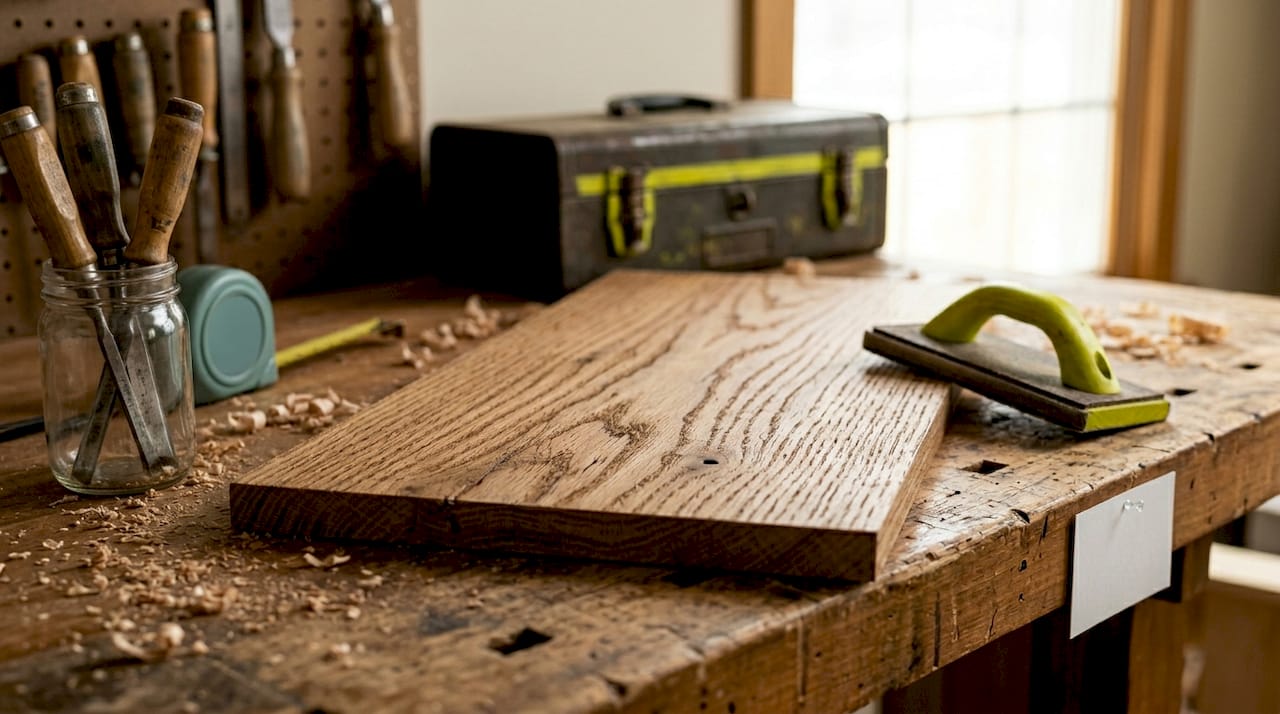 Close-up of open grain red oak wood surface