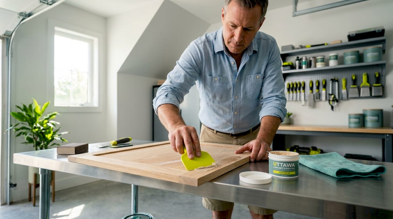 Homeowner applying grain filler to oak cabinet door