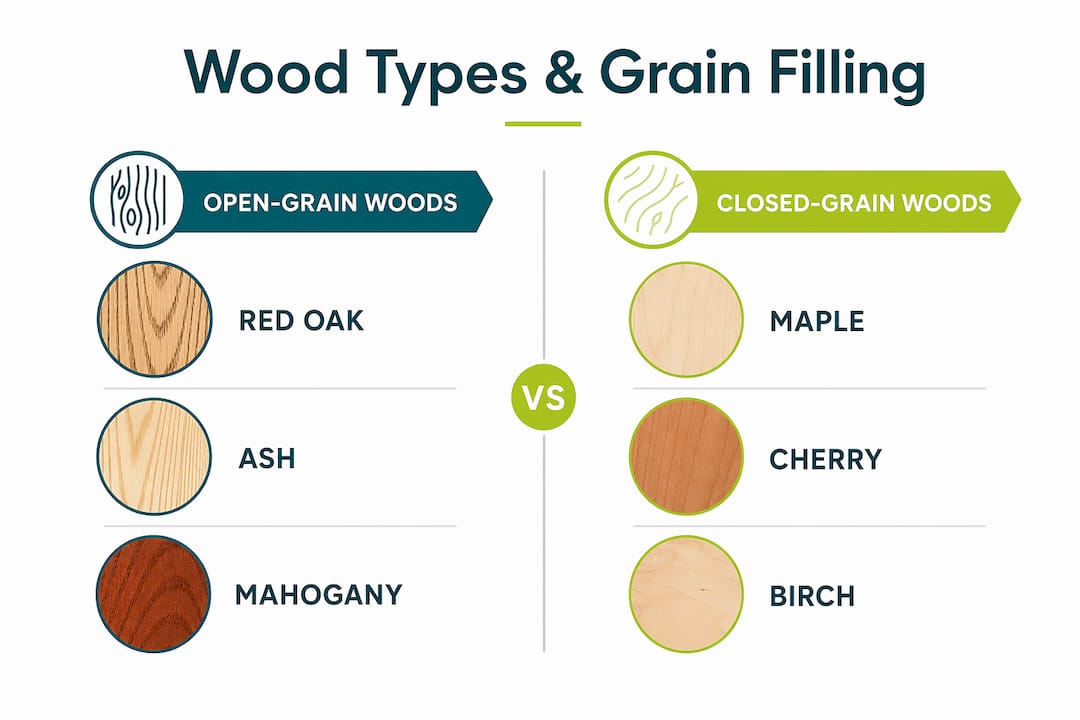 Infographic comparing wood types needing grain filling