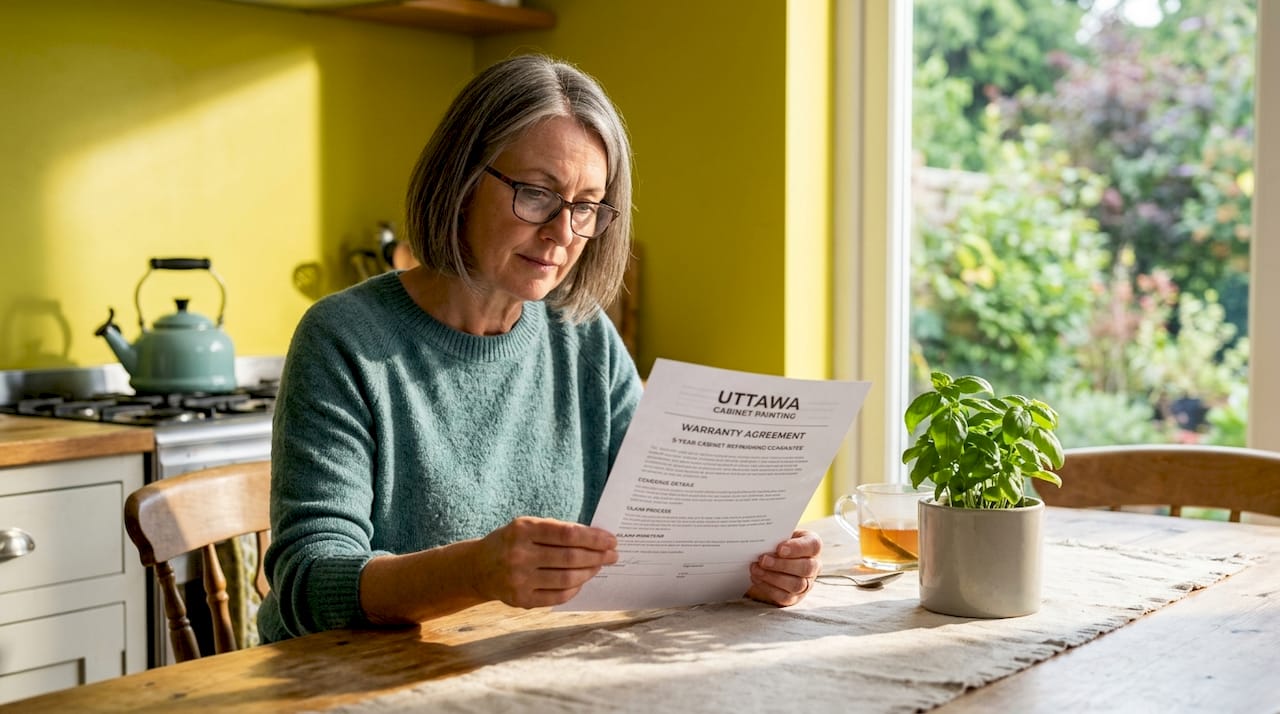 Homeowner reviewing paint warranty paperwork