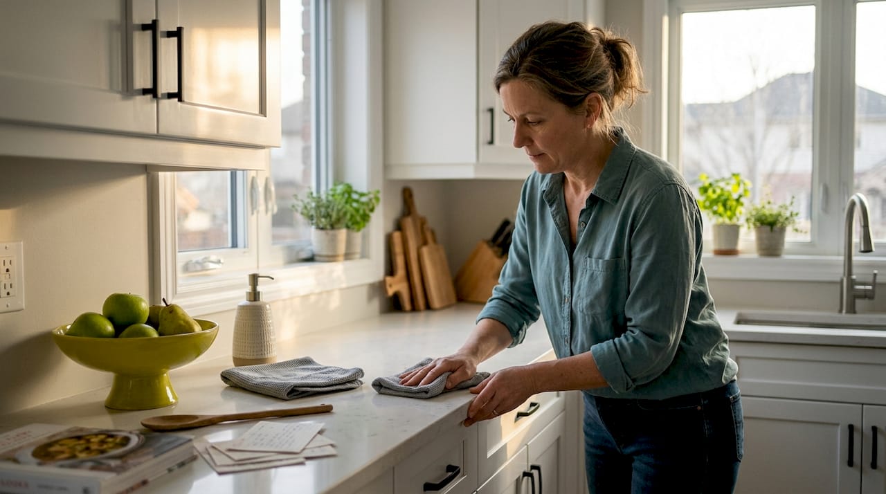 Homeowner wiping freshly painted kitchen cabinets in Ottawa