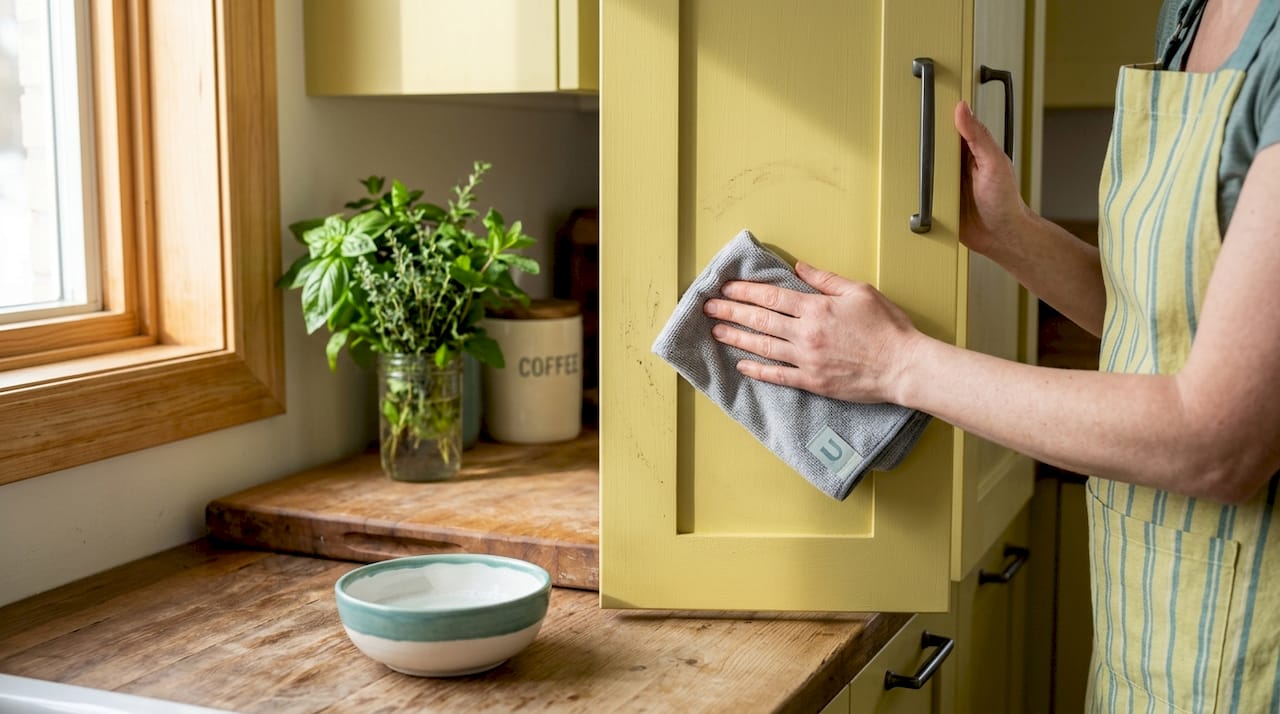 Hands gently cleaning painted kitchen cabinet doors