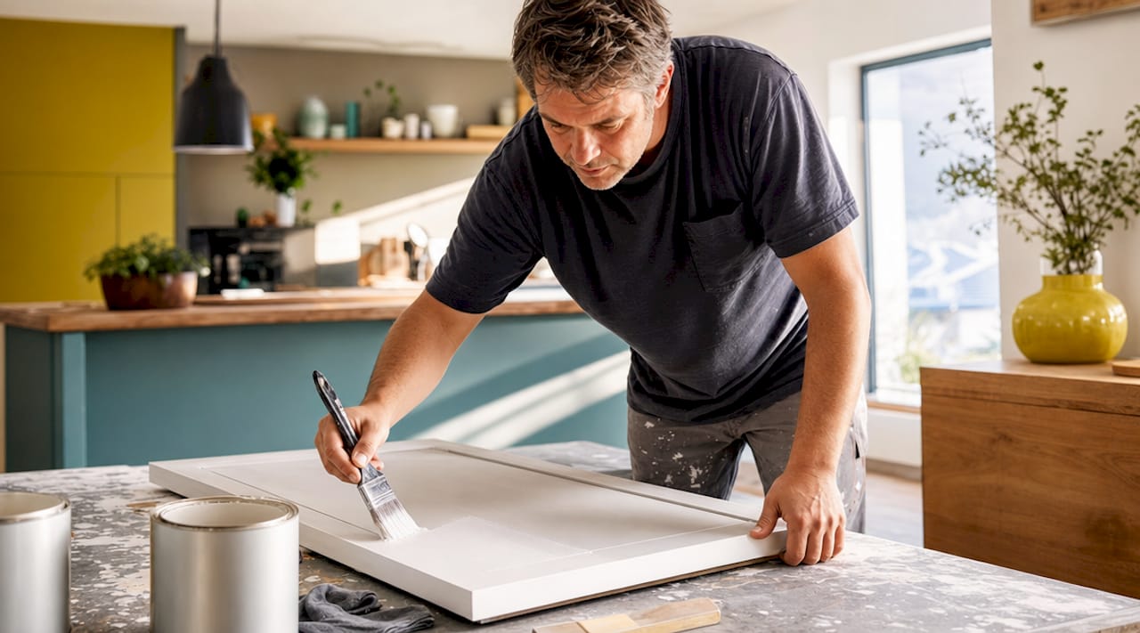 Professional applying primer to kitchen cabinet door