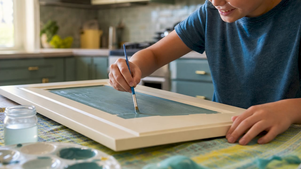 Close-up hands painting cabinet door carefully