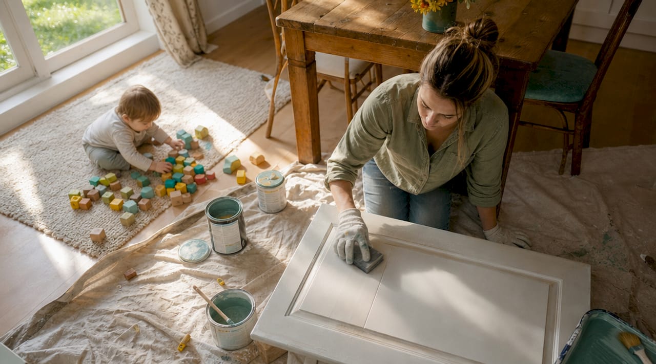 Woman sanding kitchen cabinet near child playing
