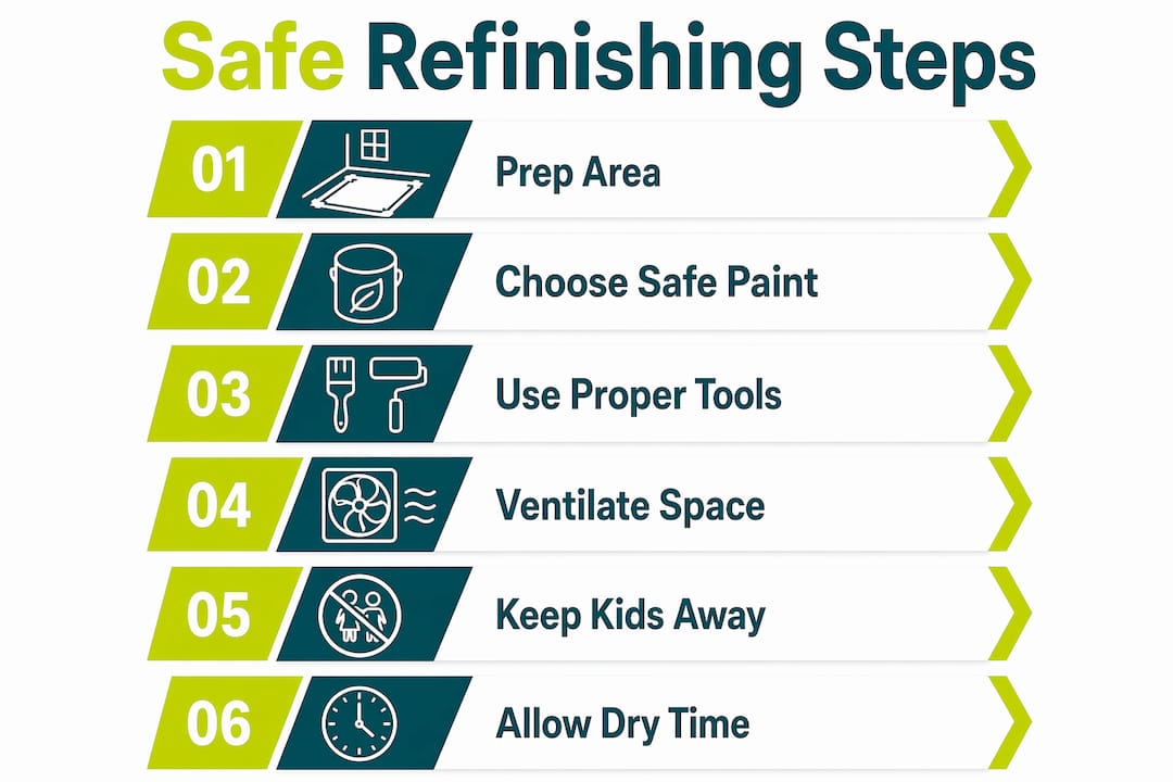Infographic detailing safe refinishing steps for cabinets