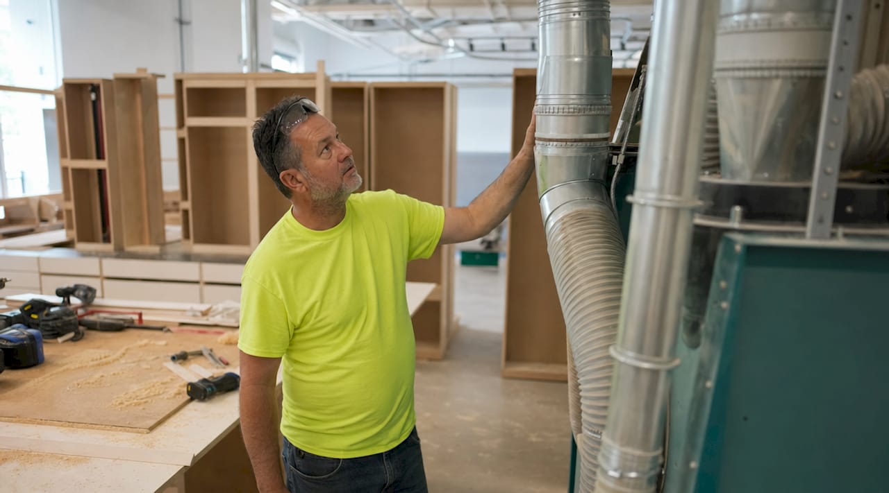 Woodworker inspecting dust collection system