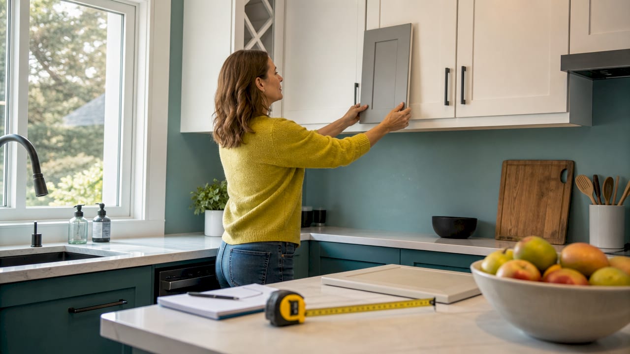 Woman assessing cabinet doors in Ottawa kitchen