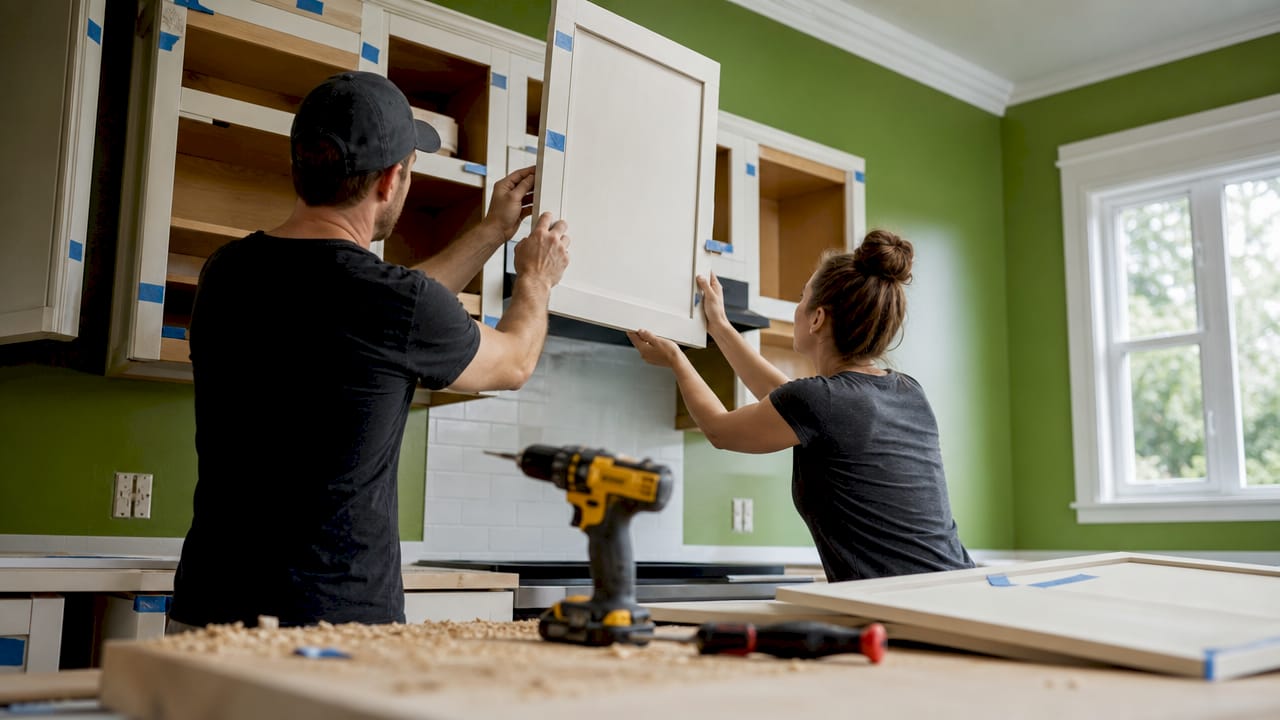 Hands removing and labeling kitchen cabinet door