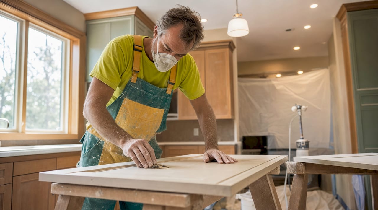 Painter sanding kitchen cabinet doors in Ottawa home