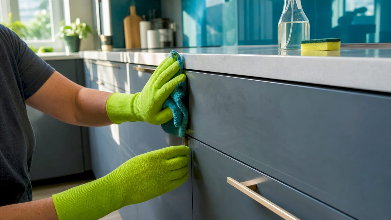 Hands cleaning matte kitchen cabinet surface