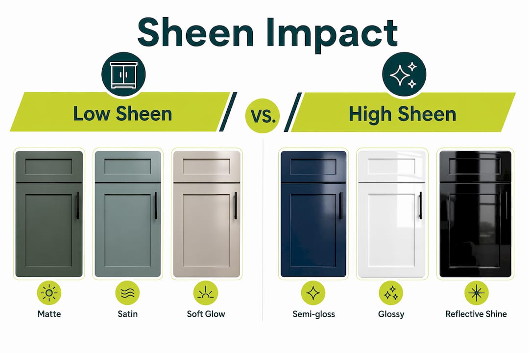 Infographic comparing low and high sheen cabinet finishes