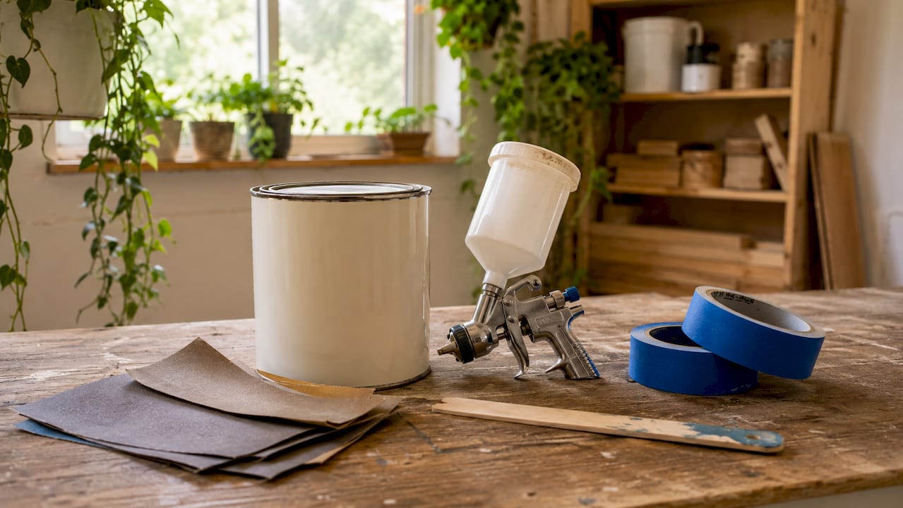 Close-up of painting tools and cabinet-grade paint