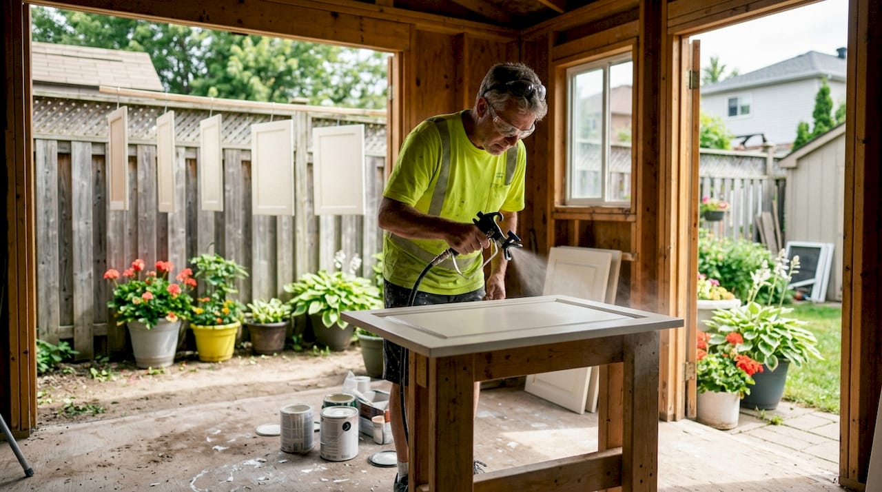Cabinet painter spraying door in Ottawa workshop
