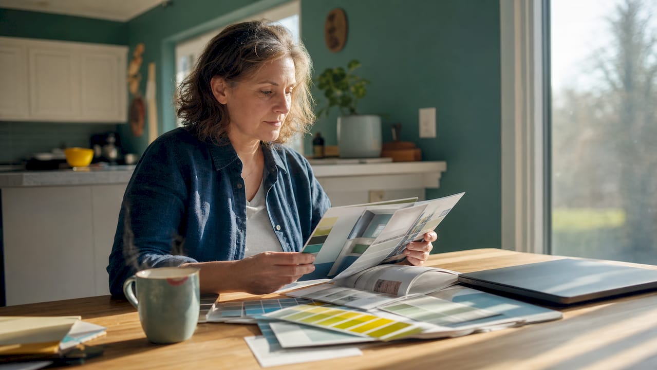 Homeowner reviewing premium paint brochures