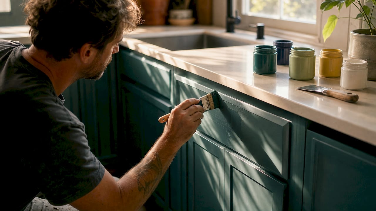Painter applying premium paint on cabinets