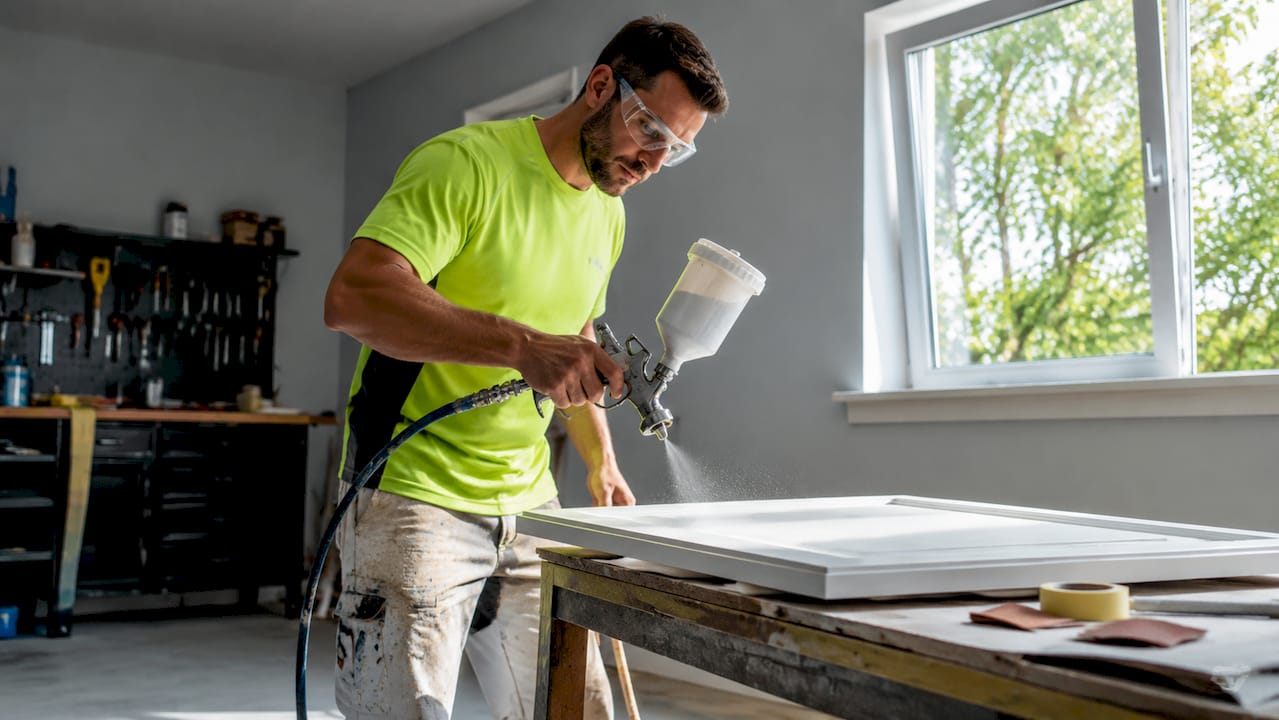 Professional painter spray painting cabinet door