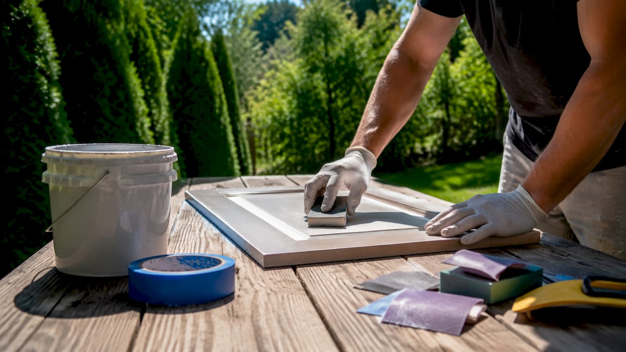 Hands sanding cabinet door surface preparation