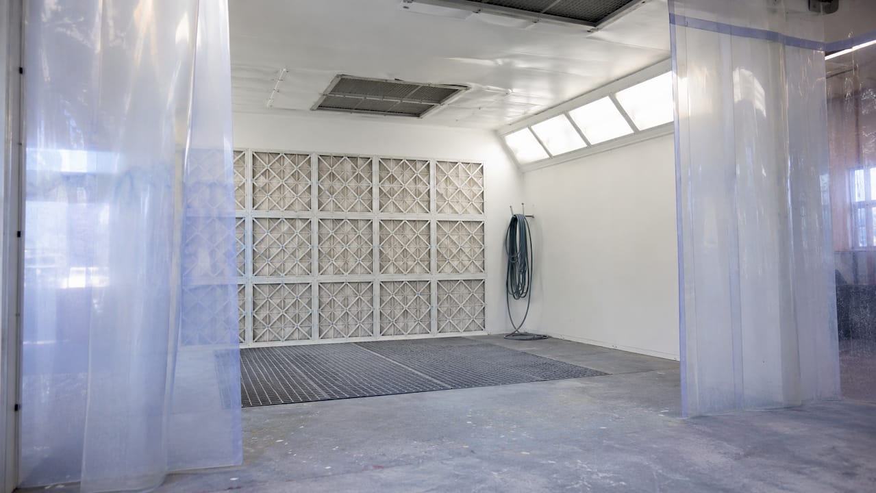 Interior view of painting booth showing airflow and filters