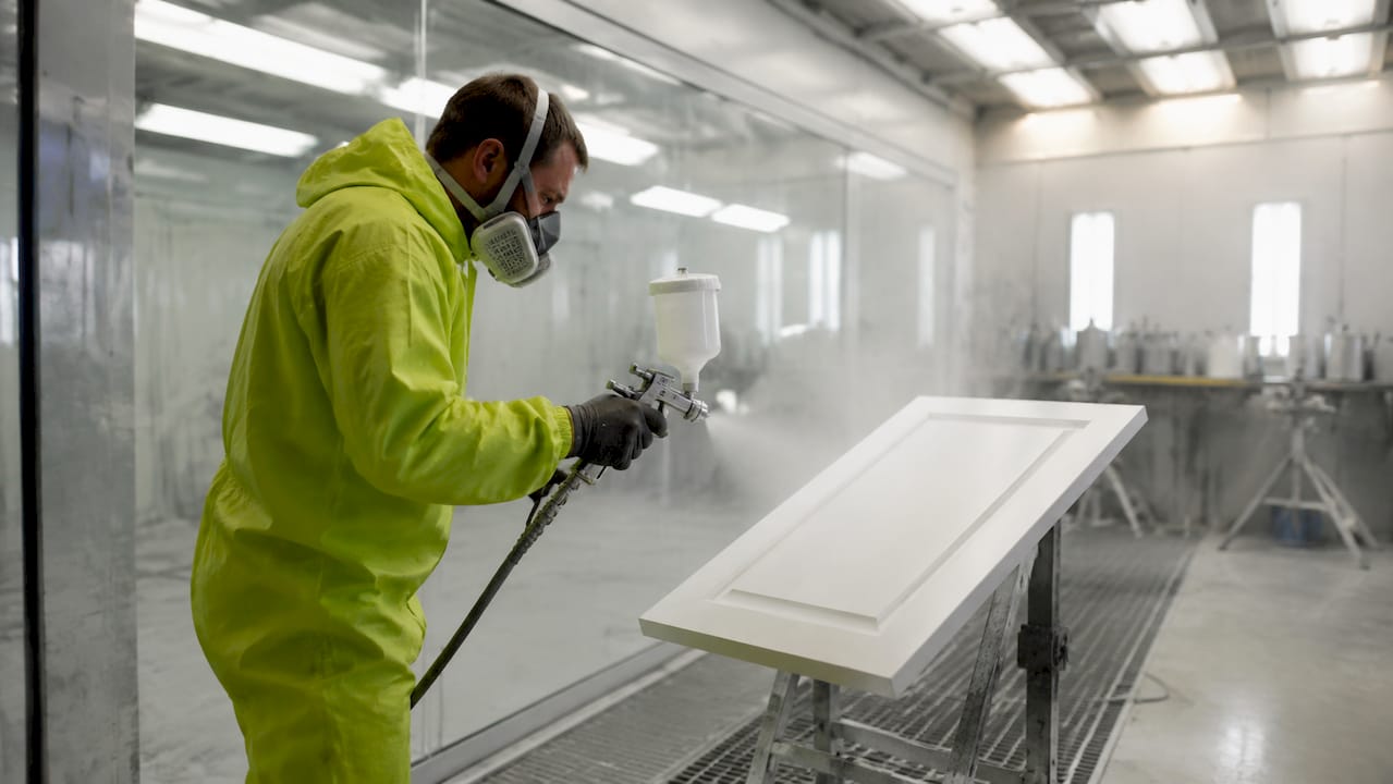 Painter spraying cabinet inside a painting booth