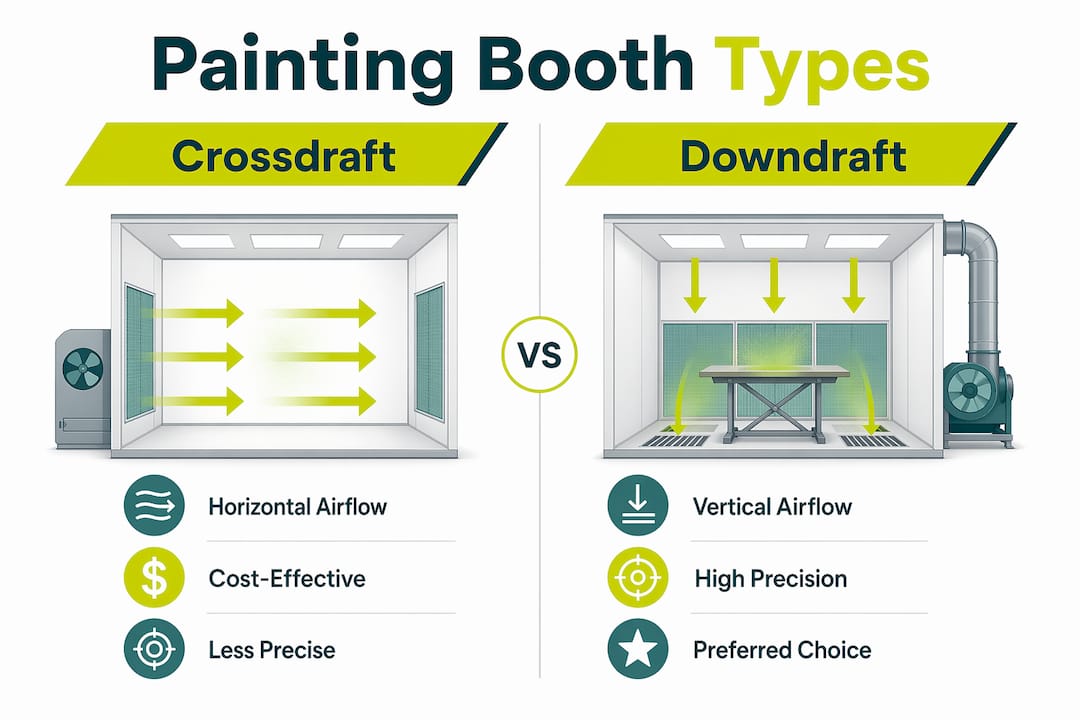 Infographic comparing crossdraft and downdraft painting booths