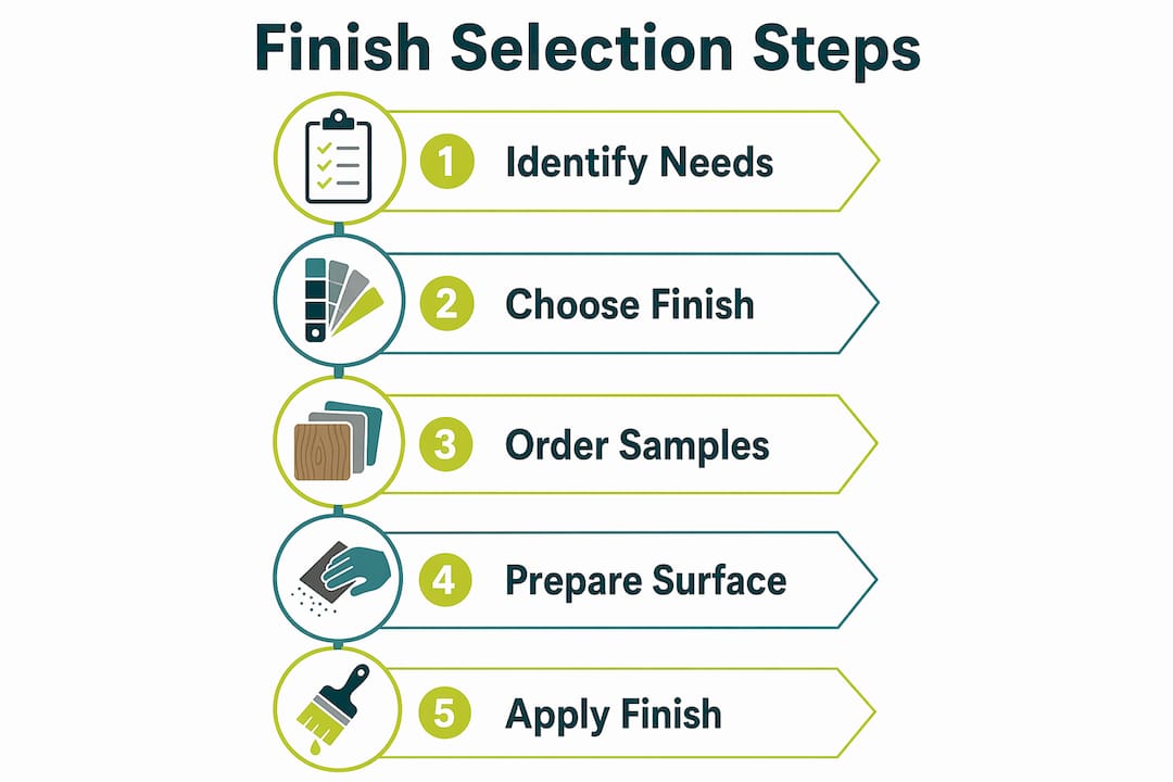 Infographic illustrating steps to select and apply cabinet finish