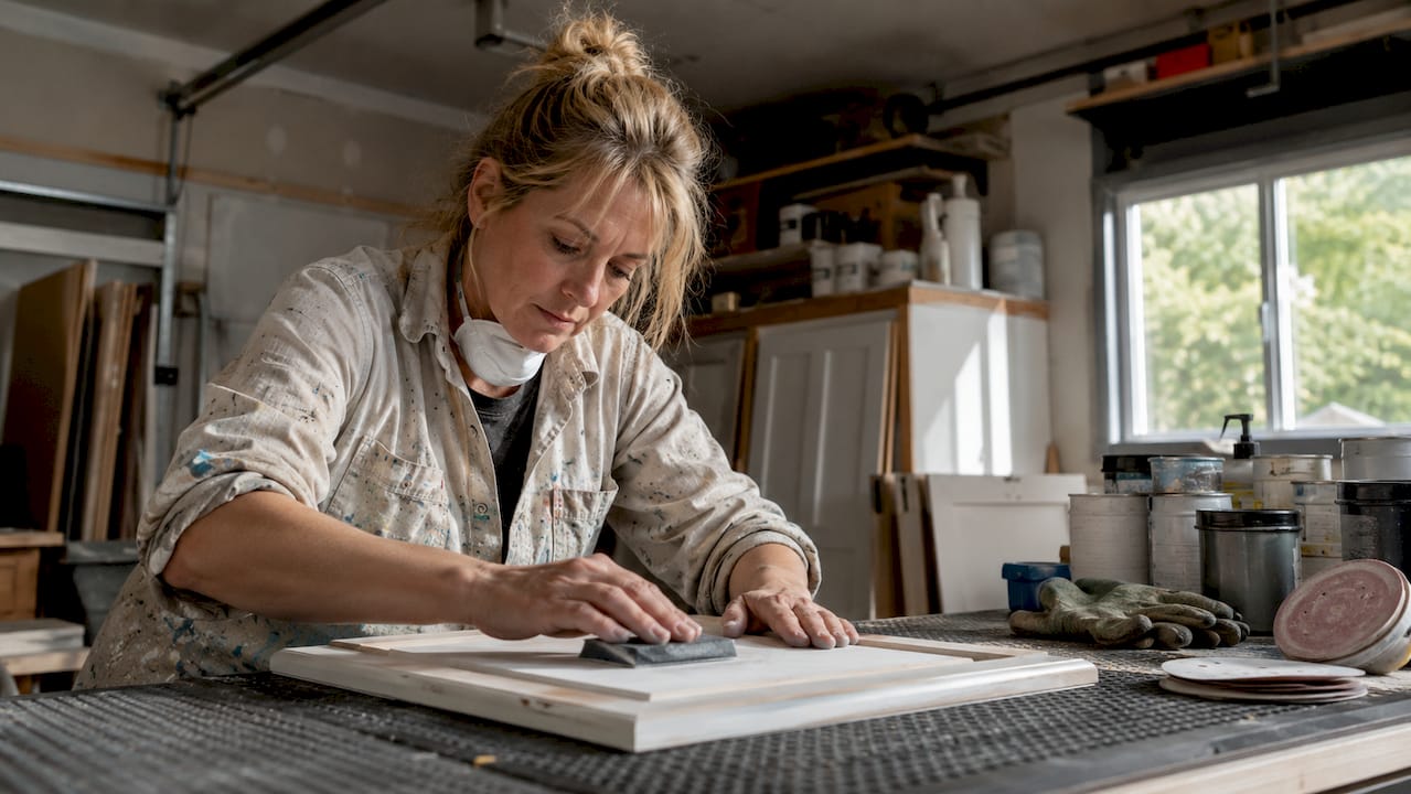 Cabinet painter sanding kitchen cabinet door