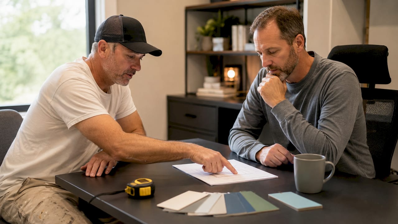 Painter and homeowner reviewing cabinet painting quote