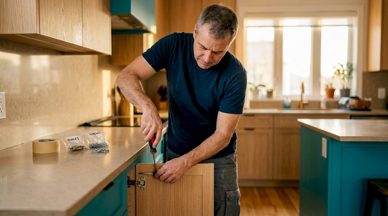 Man removing cabinet door hinge in kitchen
