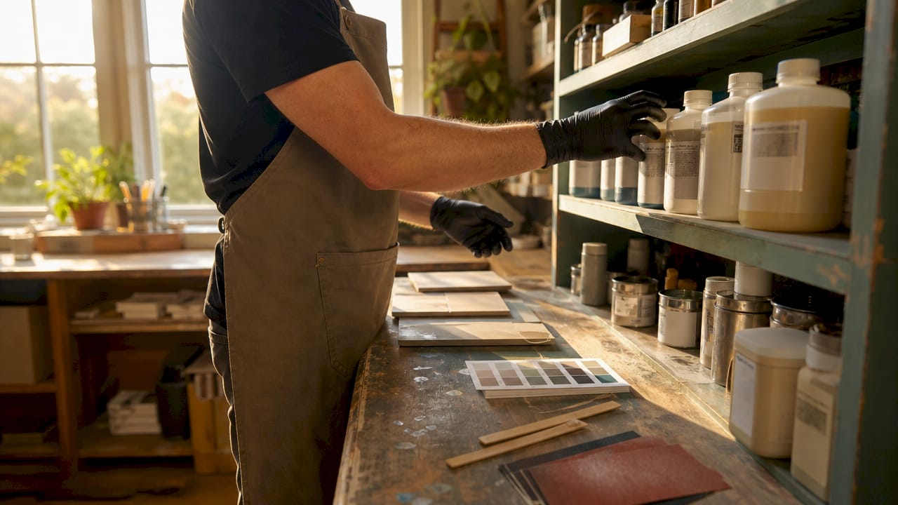 Hands choosing eco-friendly refinishing products in workshop