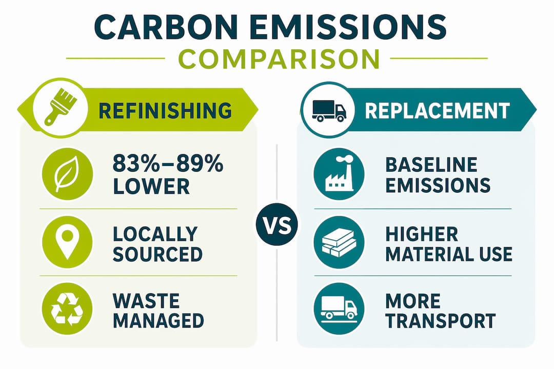 Infographic comparing carbon emissions: refinishing vs replacement