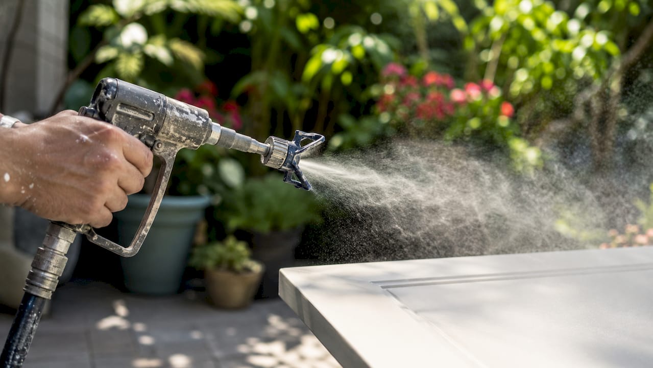 Close-up of paint spraying nozzle with mist