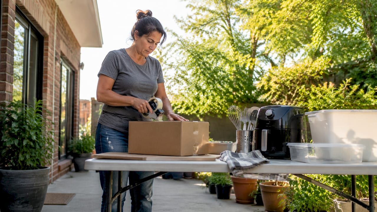 Homeowner packing kitchen supplies for remodel