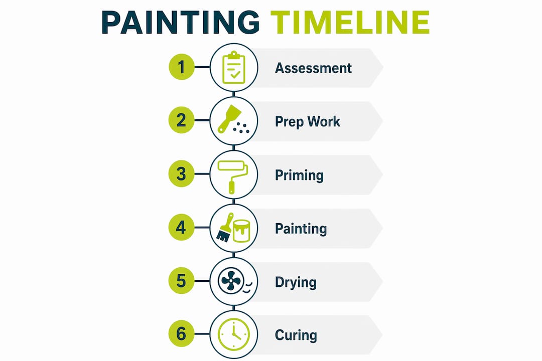 Vertical flow infographic of kitchen painting timeline steps