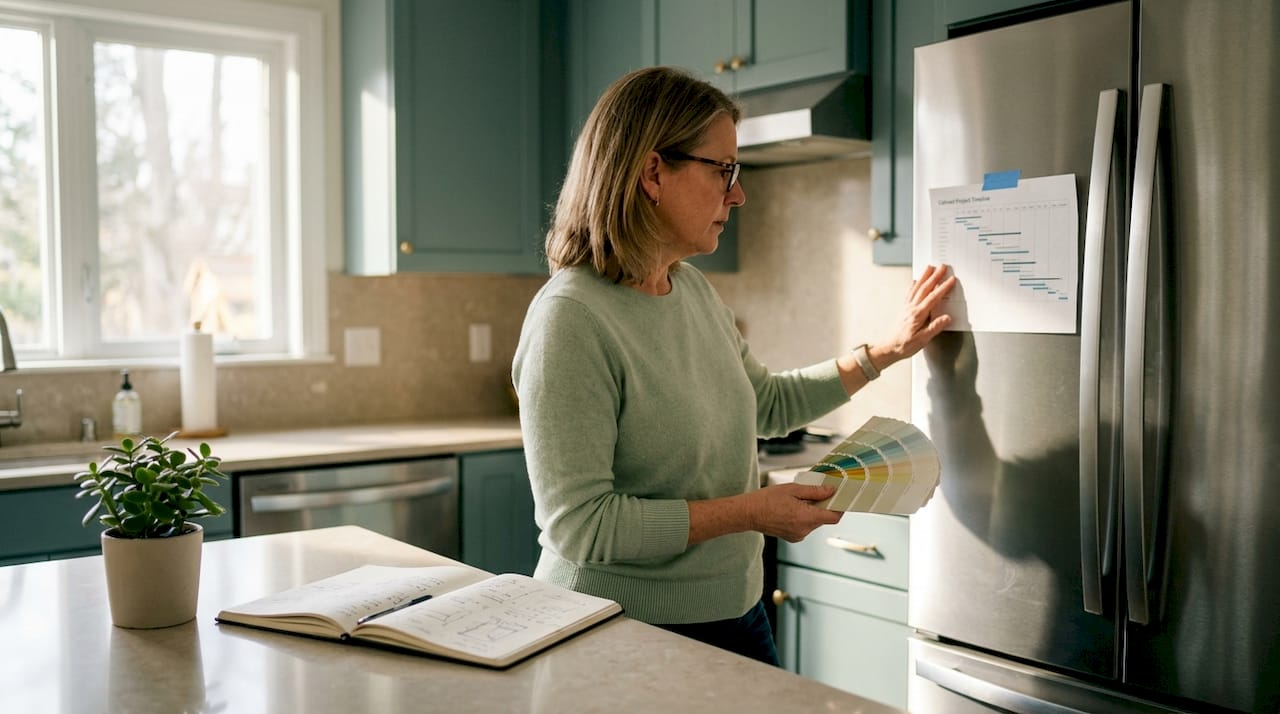 Woman reviewing cabinet project timeline at kitchen table
