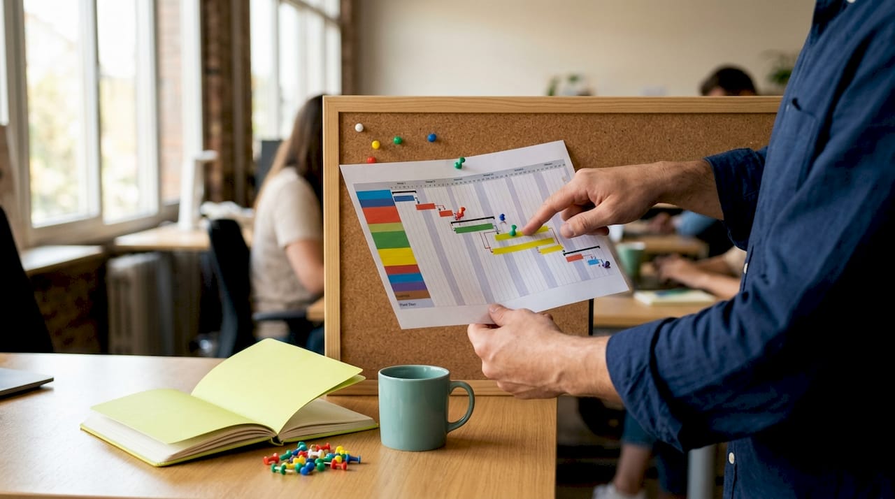 Close-up of hands pointing at Gantt chart on desk
