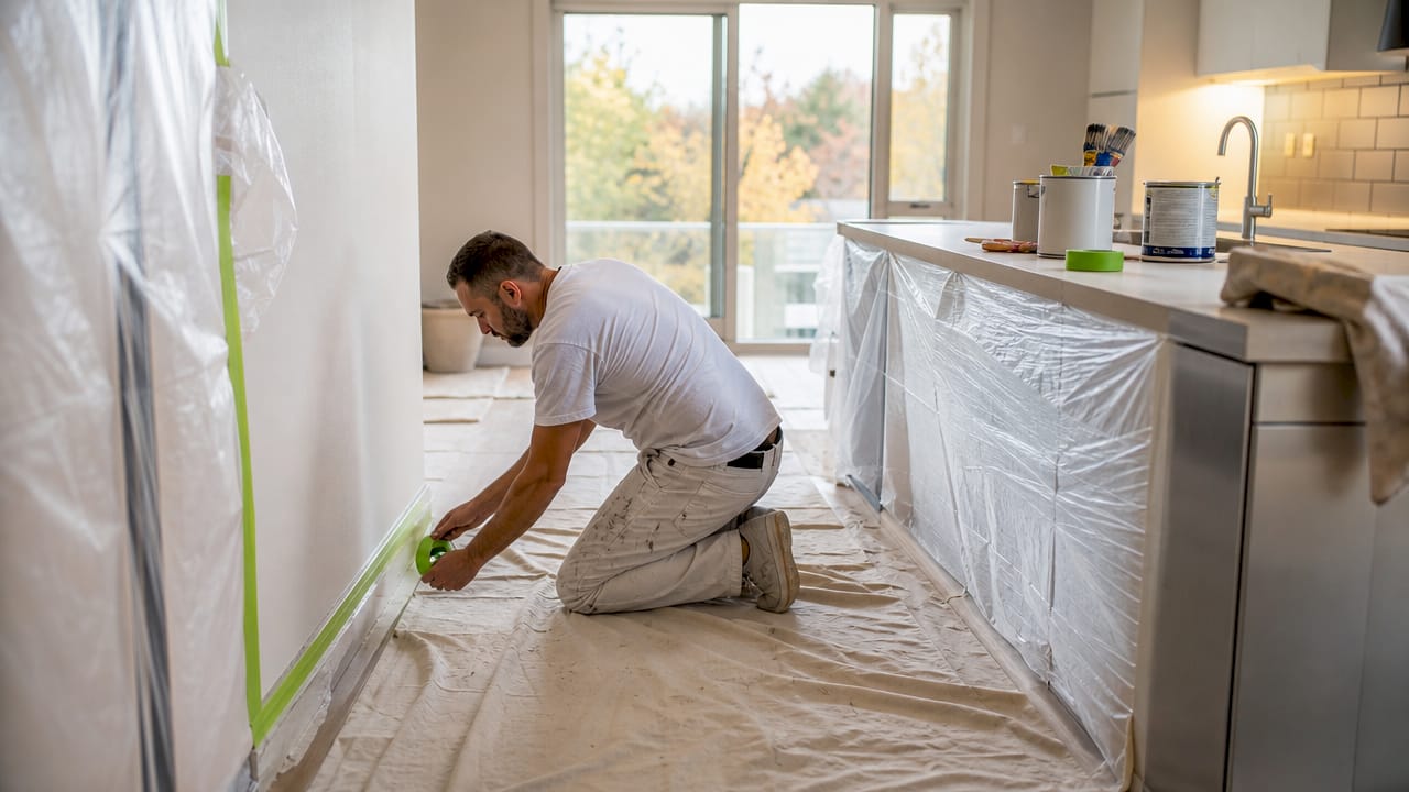 Painter applying masking tape for phased painting