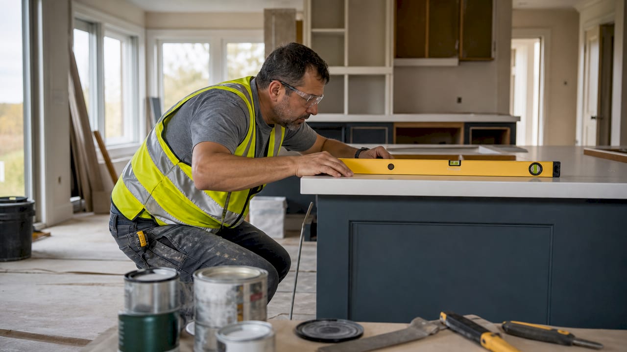 Worker measuring kitchen island countertop