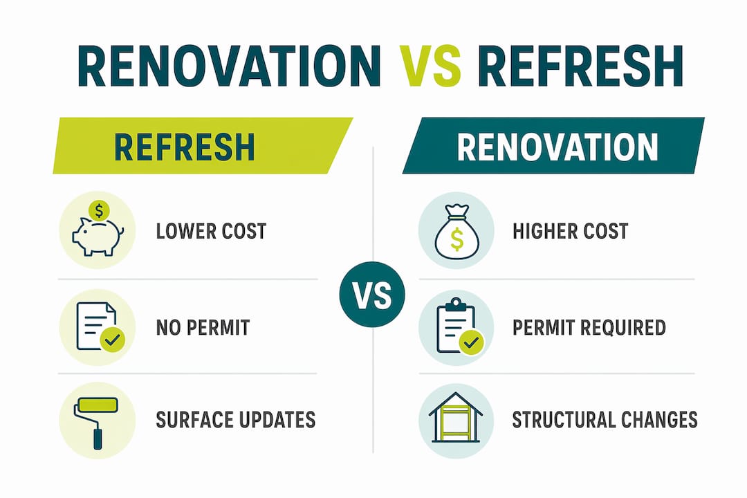 Infographic comparing kitchen refresh and renovation