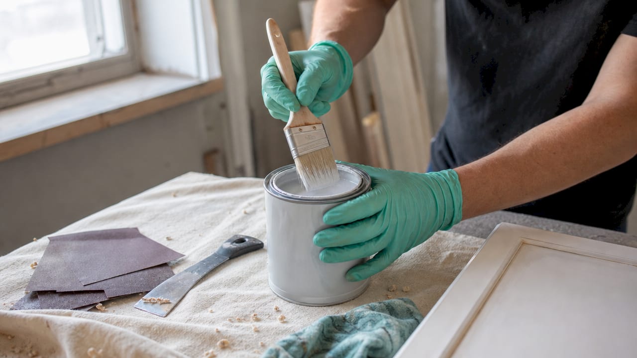 Hands applying primer on wooden surface with prep tools