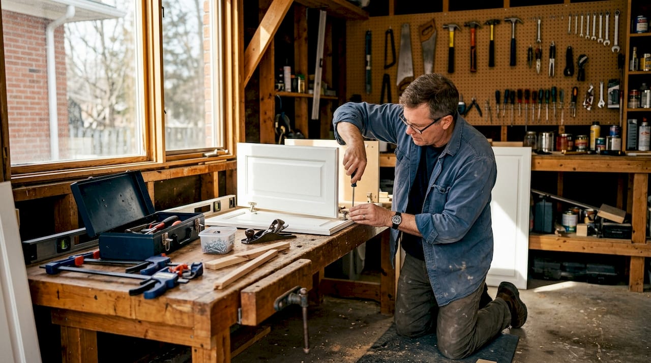 Man repairing kitchen cabinet door in daytime